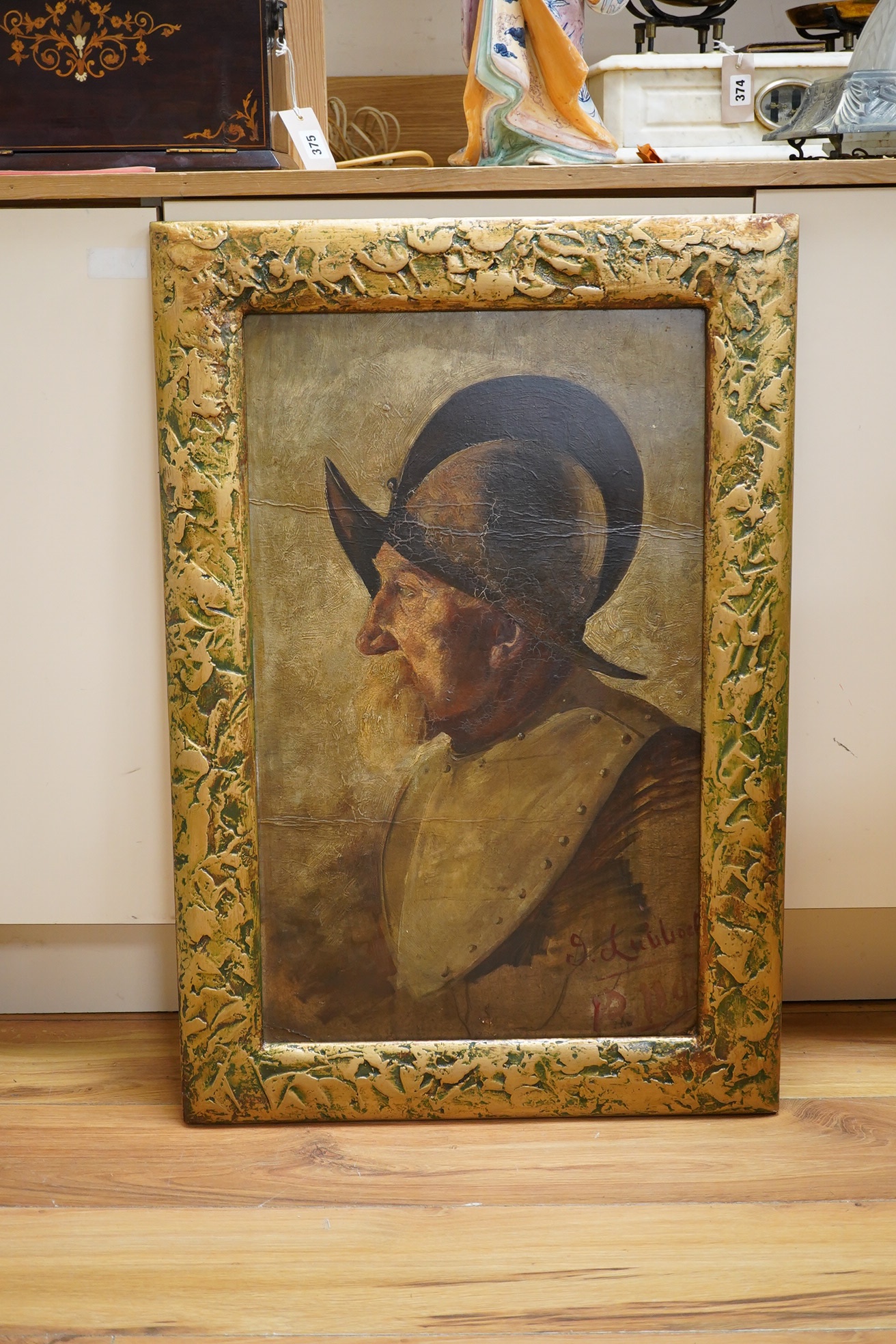 J.Lull.. after Rembrandt, oil on panel, study of a man in a golden helmet, indistinctly signed, 65x38cm. Condition - good